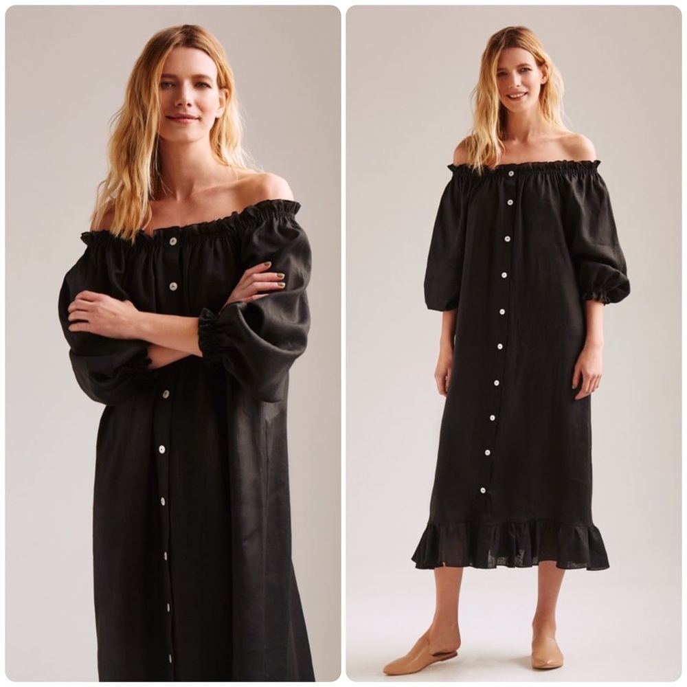 New! Sleeper Caviar Ruffled Off-Shoulder Black Button Front Midi Dress 🖤 OS